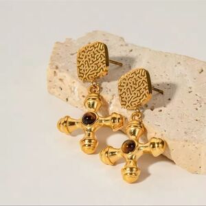18K Yellow Gold Plated Stainless Steel Tiger Eye Stone Cross Earrings